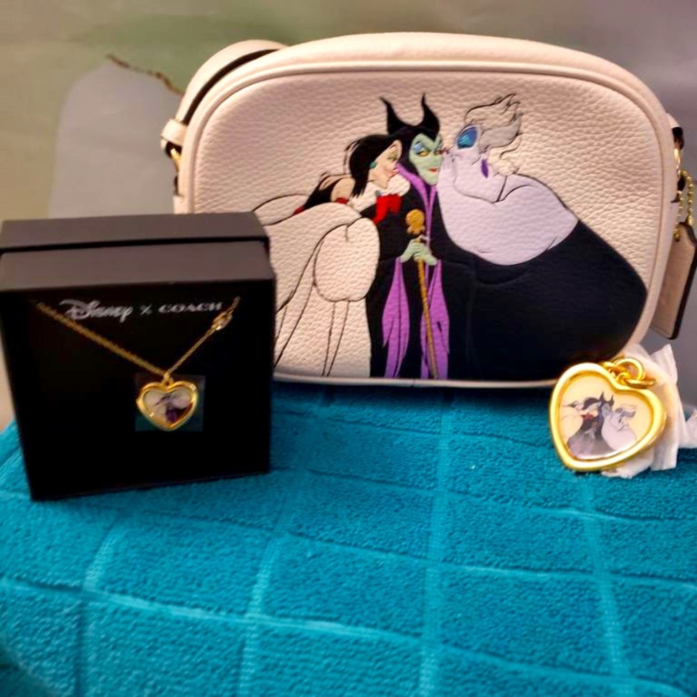 Disney X Coach Mini Jamie Camera Bag,Heart Necklace, and Locket Bag Charm